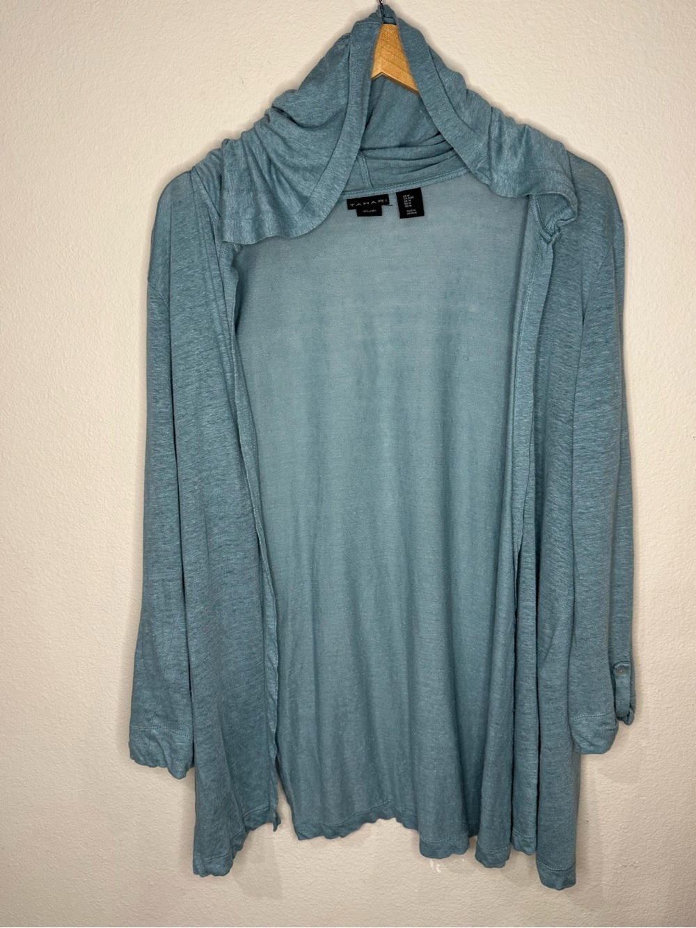 Tahari Linen Hooded Open Cardigan Button Sleeves Teal Women’s Size Medium